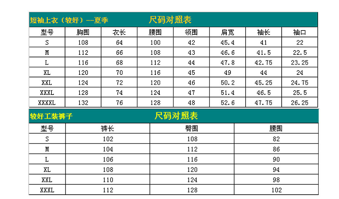 短袖工作服AD117-DX尺寸图